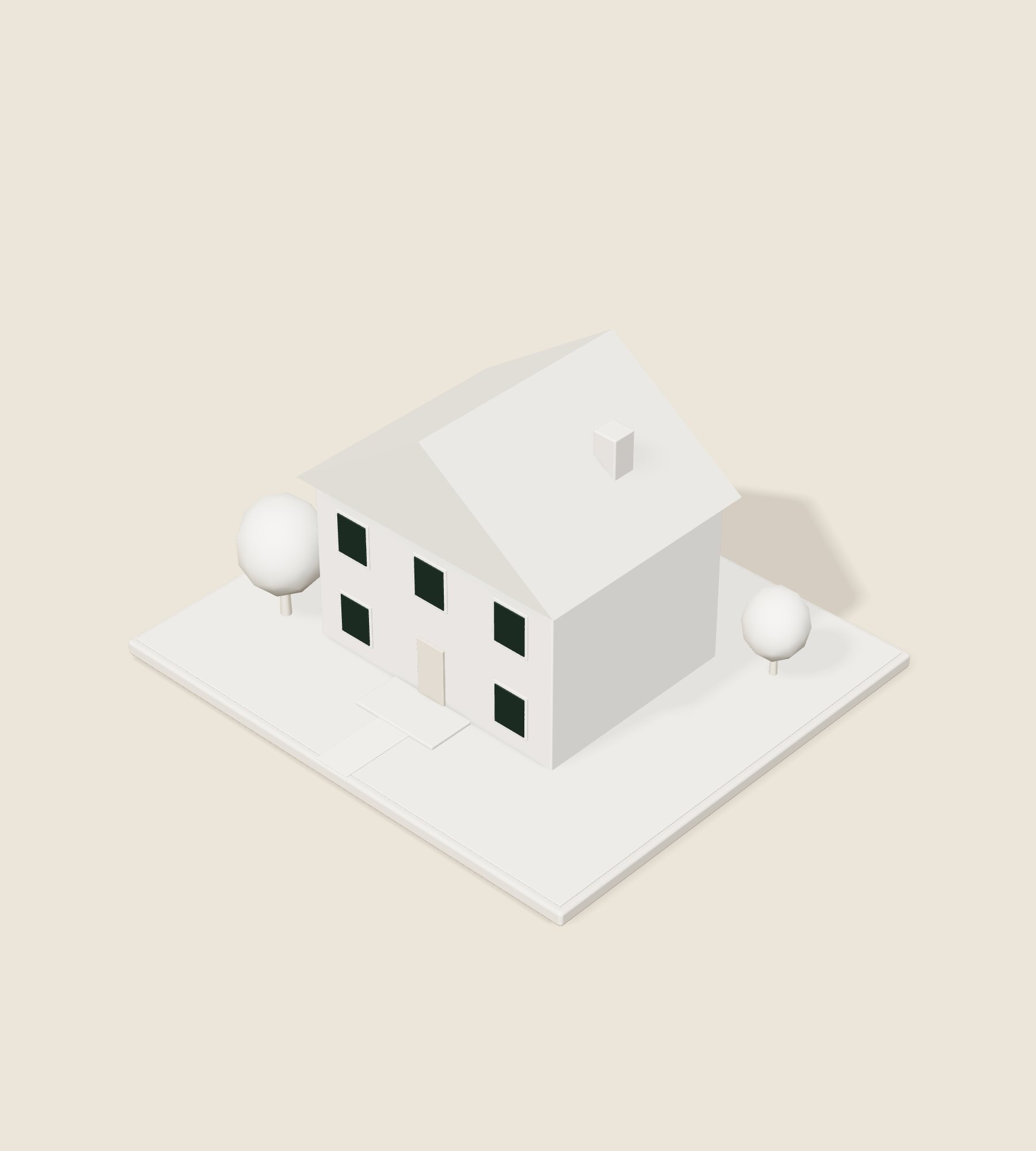 A model of 41 Larch Street: a white two-storey house with a dark gable roof, a chimney and two trees